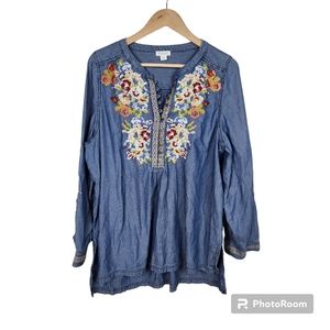 Sundance Blue Roll Tab Sleeve Floral Embroidered Tunic Top Sz XL